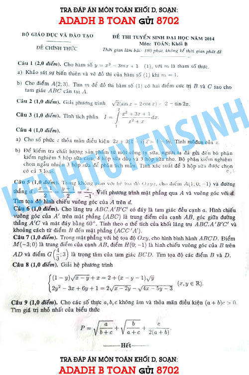 Đáp án đề thi đại học môn Toán khối B năm 2014 Đáp án đề thi đại học môn Toán khối B năm 2014