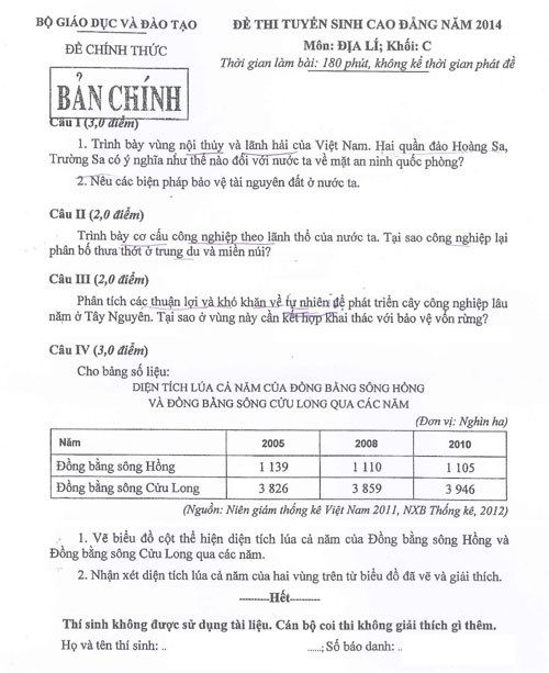 Đáp án đề thi cao đẳng môn Địa lý khối C năm 2014