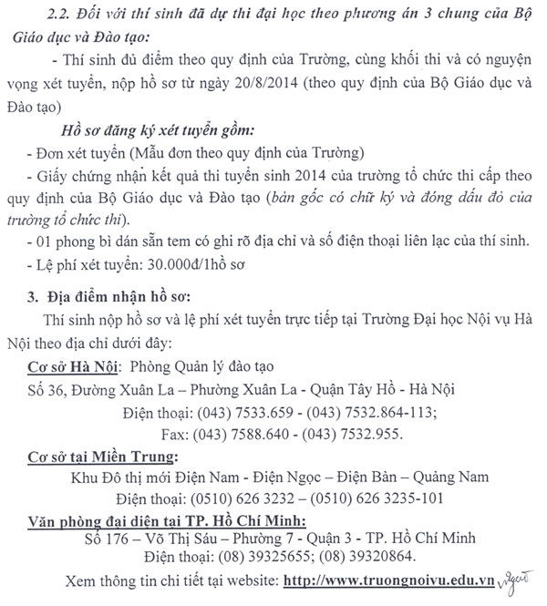 Đại học Nội vụ xét tuyển nguyện vọng 2 năm 2014