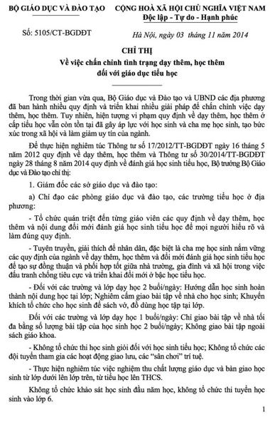 Chỉ thị về việc chấn chỉnh tình trạng dạy thêm, học thêm đối với giáo dục tiểu học Chỉ thị về việc chấn chỉnh tình trạng dạy thêm, học thêm đối với giáo dục tiểu học