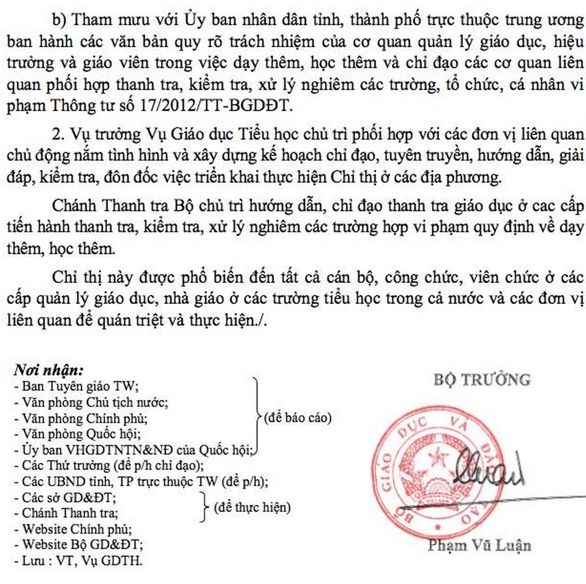 Chỉ thị về việc chấn chỉnh tình trạng dạy thêm, học thêm đối với giáo dục tiểu học Chỉ thị về việc chấn chỉnh tình trạng dạy thêm, học thêm đối với giáo dục tiểu học