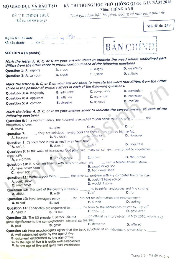 Đề thi tốt nghiệp THPT quốc gia môn Anh văn năm 2016 mã đề 259