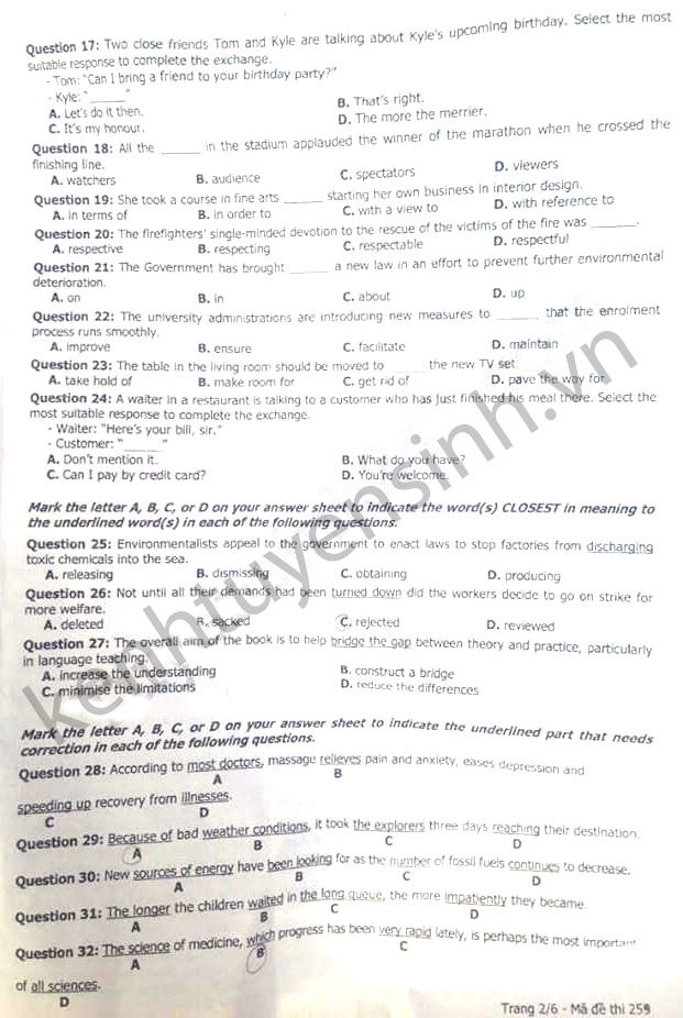 Đề thi tốt nghiệp THPT quốc gia môn Anh văn năm 2016 mã đề 259