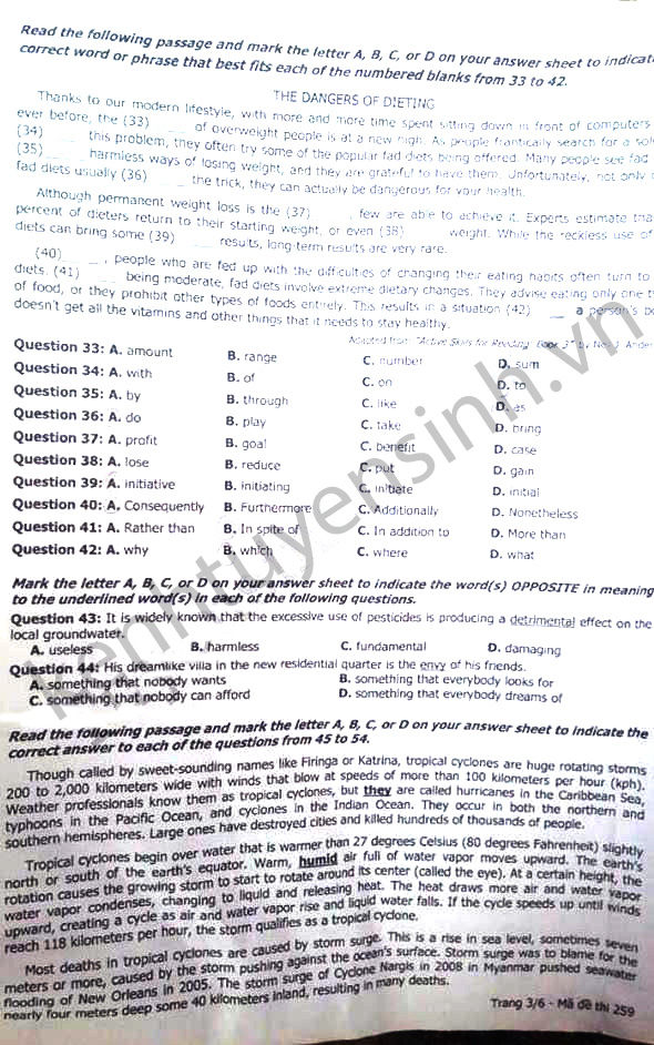 Đề thi tốt nghiệp THPT quốc gia môn Anh văn năm 2016 mã đề 259