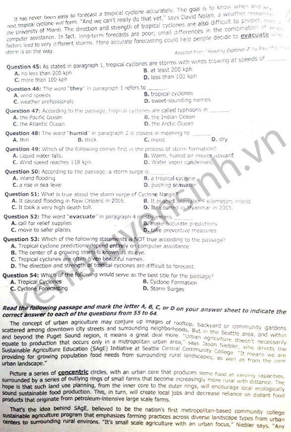 Đề thi tốt nghiệp THPT quốc gia môn Anh văn năm 2016 mã đề 259