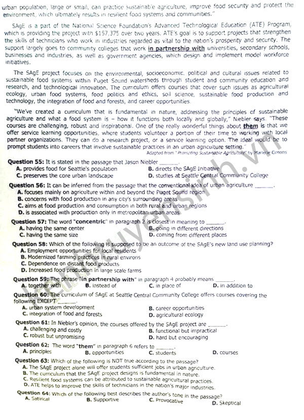 Đề thi tốt nghiệp THPT quốc gia môn Anh văn năm 2016 mã đề 259