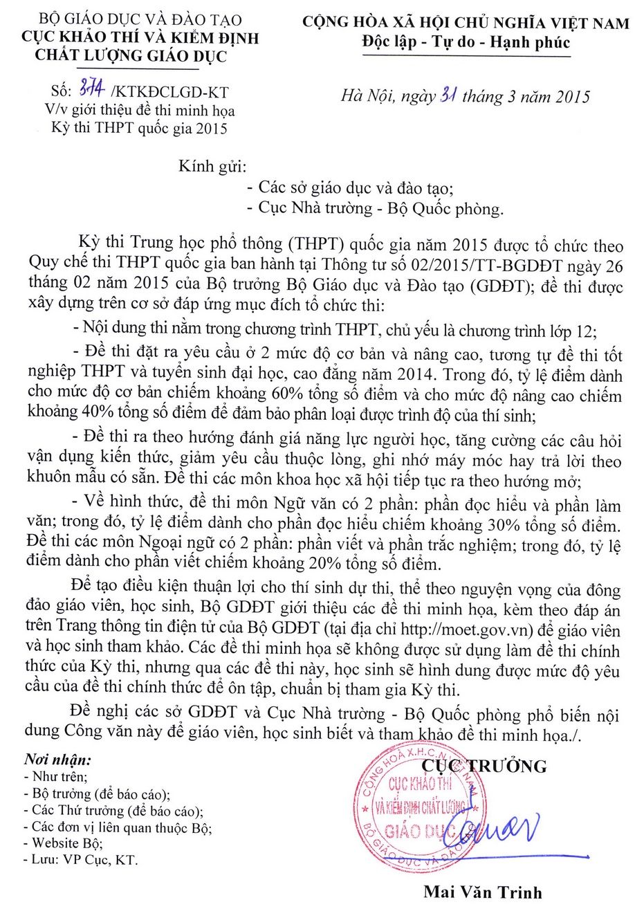 Bộ Giáo dục công bố đề thi minh họa kỳ thi THPT quốc gia