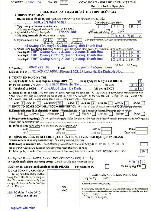 Hướng dẫn điền phiếu đăng ký dự thi THPT quốc gia 2015