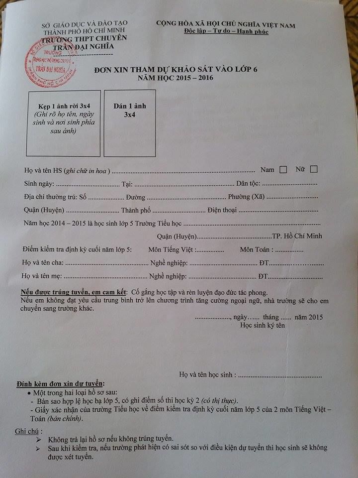 Trường THPT chuyên Trần Đại Nghĩa bắt đầu phát đơn dự tuyển vào lớp 6