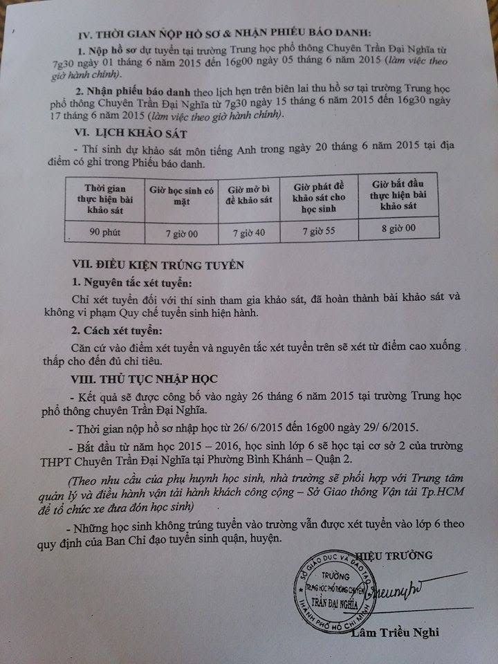 Trường THPT chuyên Trần Đại Nghĩa bắt đầu phát đơn dự tuyển vào lớp 6