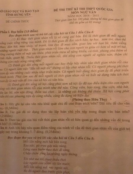 đề thi, môn Văn, THPT quốc gia, Hưng Yên, sai sót