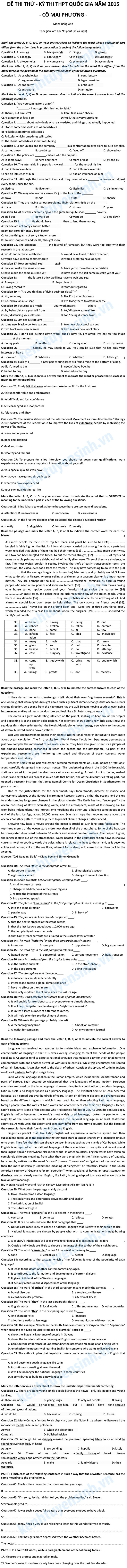 Đề thi và đáp án đề thi thử môn tiếng Anh năm 2015 Đề thi và đáp án đề thi thử môn tiếng Anh năm 2015