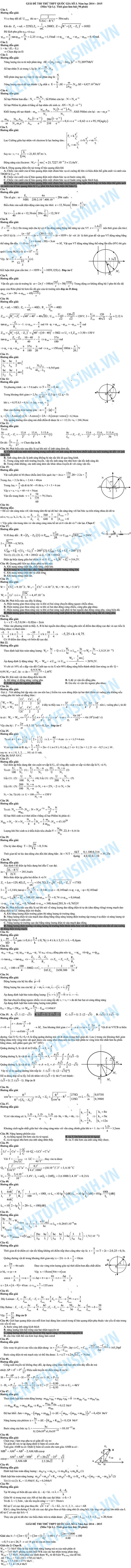 Đề thi & đáp án đề thi thử THPT quốc gia môn Vật Lý năm 2015 Đề thi & đáp án đề thi thử THPT quốc gia môn Vật Lý năm 2015