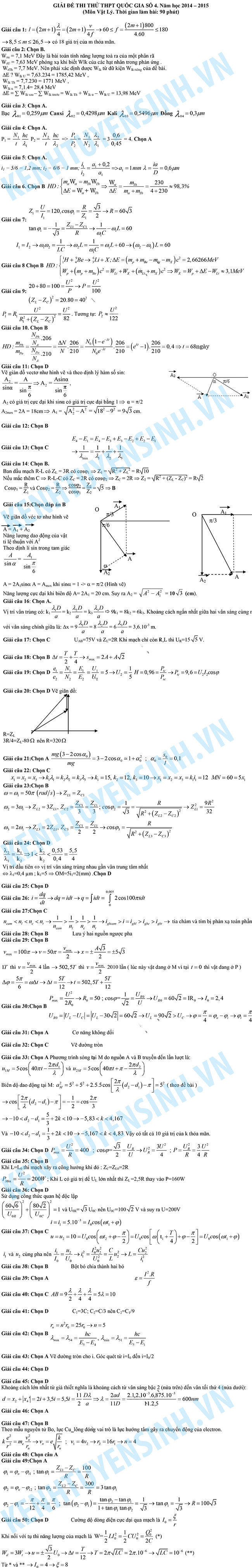 Đề thi & đáp án đề thi thử THPT quốc gia môn Vật Lý năm 2015 Đề thi & đáp án đề thi thử THPT quốc gia môn Vật Lý năm 2015