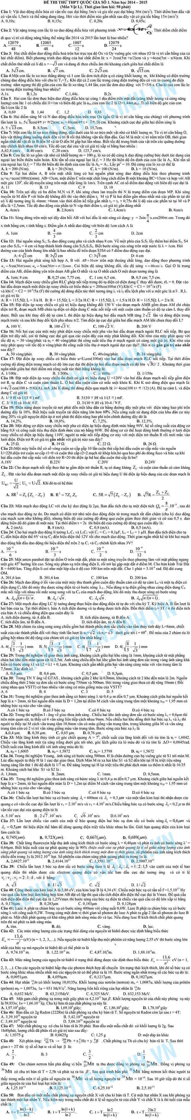 Đề thi & đáp án đề thi thử THPT quốc gia môn Vật Lý năm 2015 Đề thi & đáp án đề thi thử THPT quốc gia môn Vật Lý năm 2015