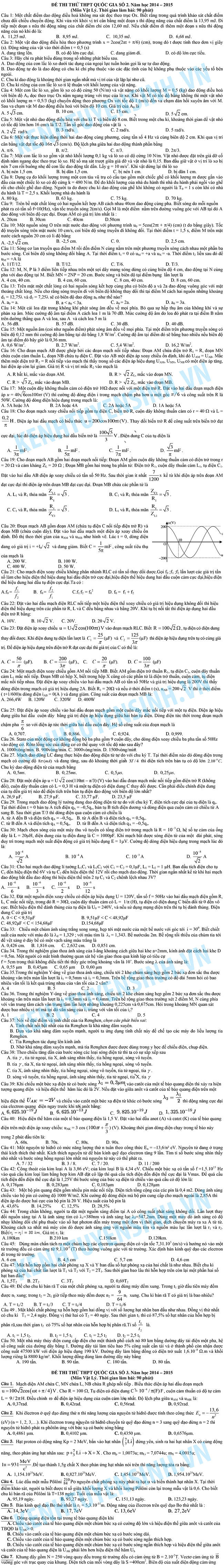 Đề thi và đáp án đề thi THPT môn Vật Lý năm 2015 Đề thi và đáp án đề thi THPT môn Vật Lý năm 2015