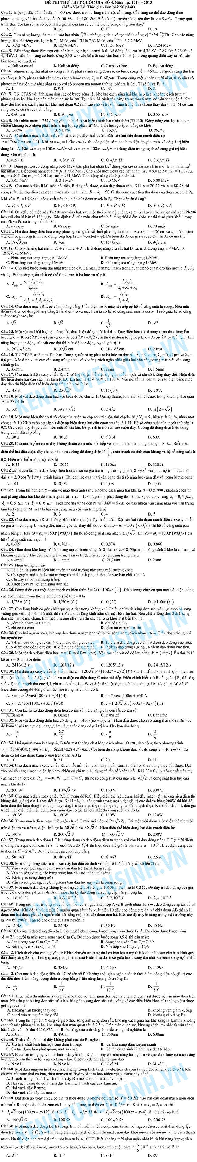Đề thi & đáp án đề thi thử THPT quốc gia môn Vật Lý năm 2015 Đề thi & đáp án đề thi thử THPT quốc gia môn Vật Lý năm 2015