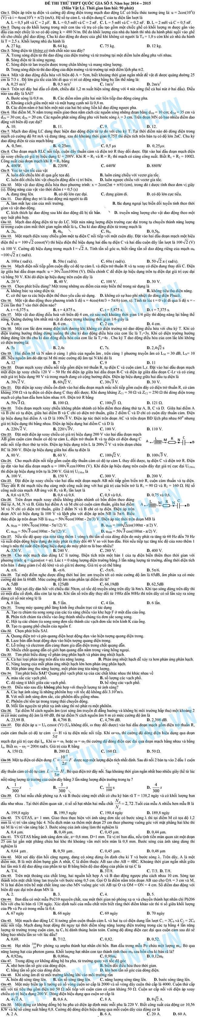 Đề thi & đáp án đề thi thử THPT quốc gia môn Vật Lý năm 2015 Đề thi & đáp án đề thi thử THPT quốc gia môn Vật Lý năm 2015