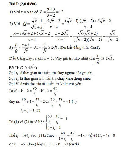 Đáp án đề thi Toán lớp 10 năm 2015 Hà Nội