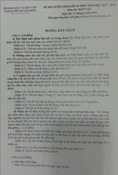 Đáp án chính thức kỳ thi tuyển sinh lớp 10