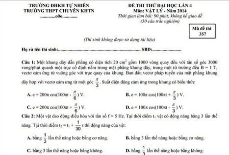 Đáp án đề thi thử THPT quốc gia môn Lý năm 2015 chuyên KHTN