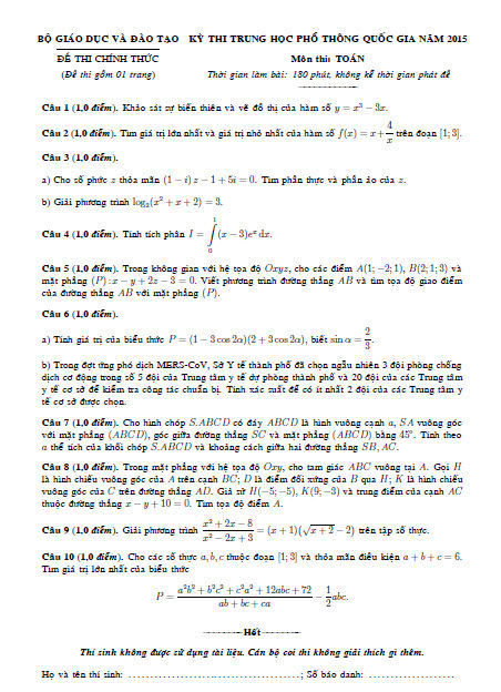 Đáp án đề thi tốt nghiệp môn Toán năm 2015