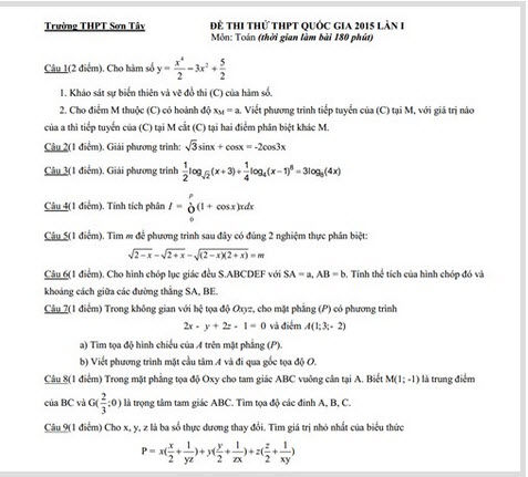 Đáp án đề thi thử THPT quốc gia môn Toán 2015 trường THPT Sơn Tây