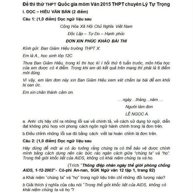 Đáp án đề thi thử THPT quốc gia môn Văn 2015 chuyên Lý Tự Trọng