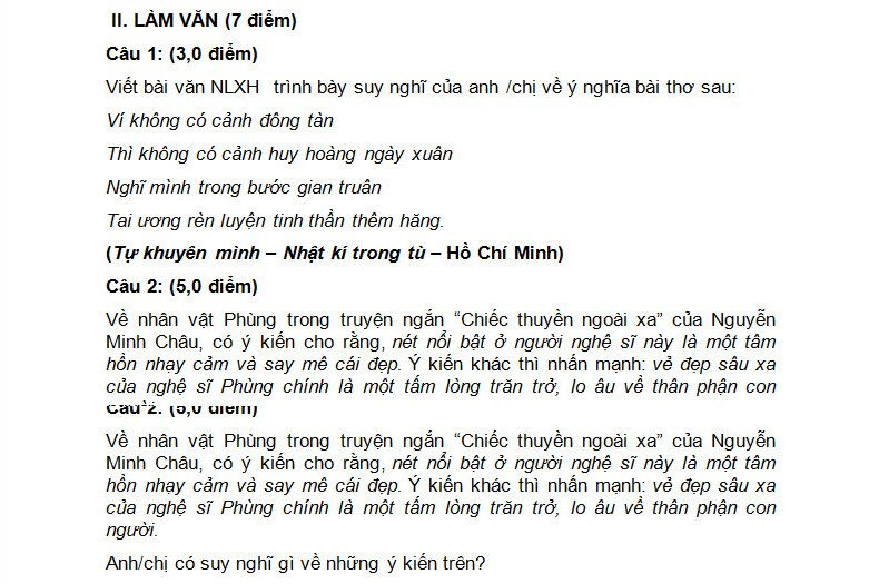 Đáp án đề thi thử THPT quốc gia môn Văn 2015 chuyên Lý Tự Trọng