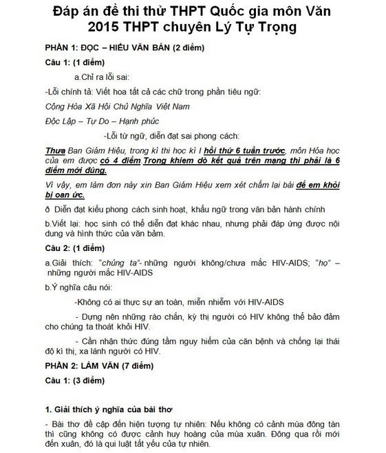 Đáp án đề thi thử THPT quốc gia môn Văn 2015 chuyên Lý Tự Trọng