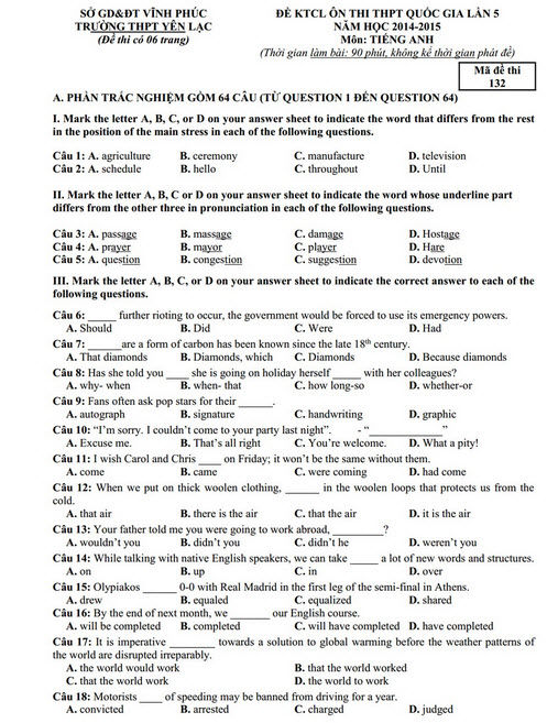 Đáp án đề thi thử THPT quốc gia môn Tiếng anh 2015 trường THPT Yên Lạc