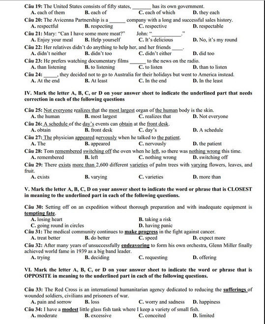 Đáp án đề thi thử THPT quốc gia môn Tiếng anh 2015 trường THPT Yên Lạc