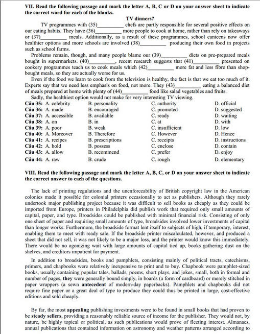 Đáp án đề thi thử THPT quốc gia môn Tiếng anh 2015 trường THPT Yên Lạc