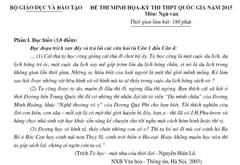 Đề thi minh họa và đáp án đề thi thử tốt nghiệp môn Văn năm 2015