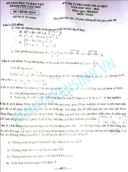 Đáp án đề thi Tóan lớp 10 năm 2015 Cần Thơ