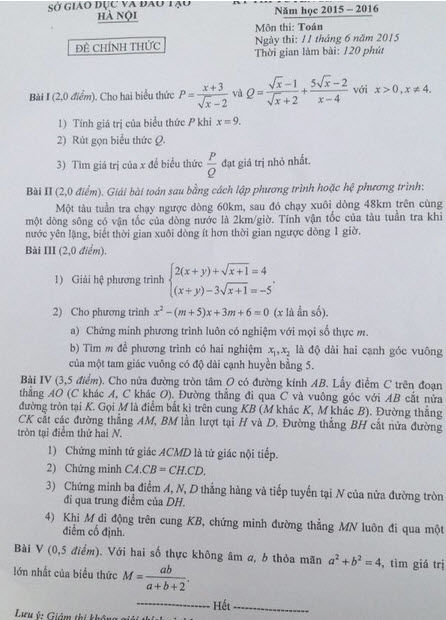 Đáp án đề thi Toán lớp 10 năm 2015 Hà Nội