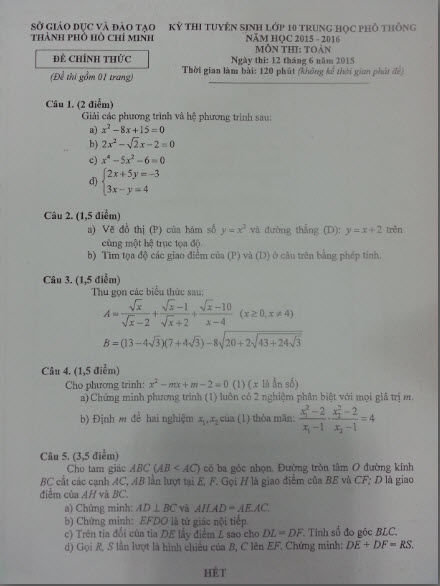 Đáp án chính thức kỳ thi tuyển sinh lớp 10