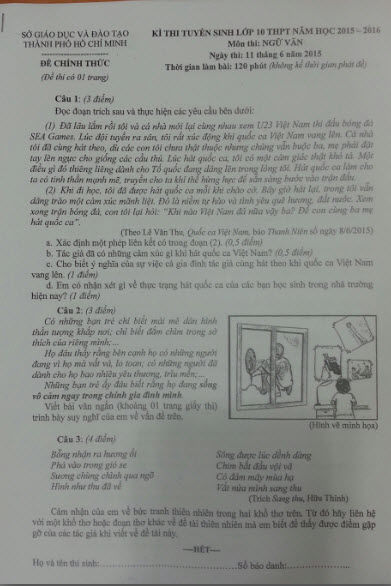 Đáp án chính thức kỳ thi tuyển sinh lớp 10