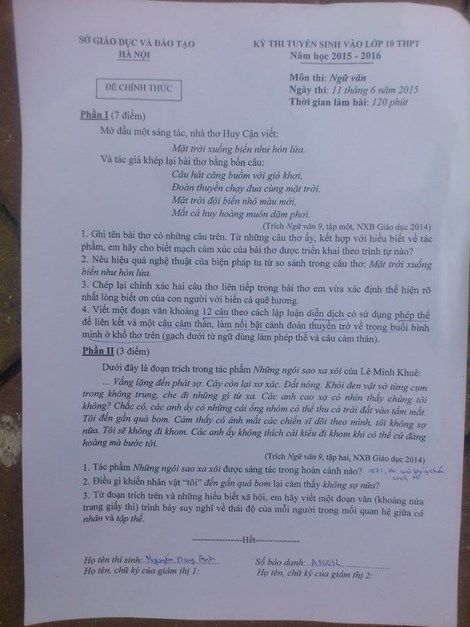 Khác biệt giữa đề thi Văn lớp 10 ở Hà Nội và TP.HCM