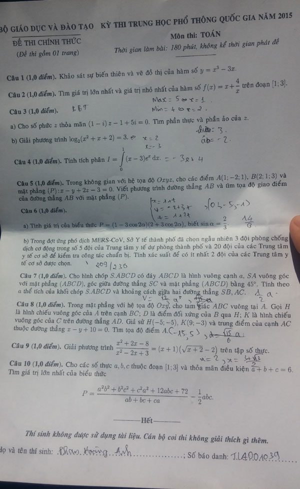 Đáp án đề thi đại học môn toán 2015 (Moon.vn) Đáp án đề thi đại học môn toán 2015 (Moon.vn)