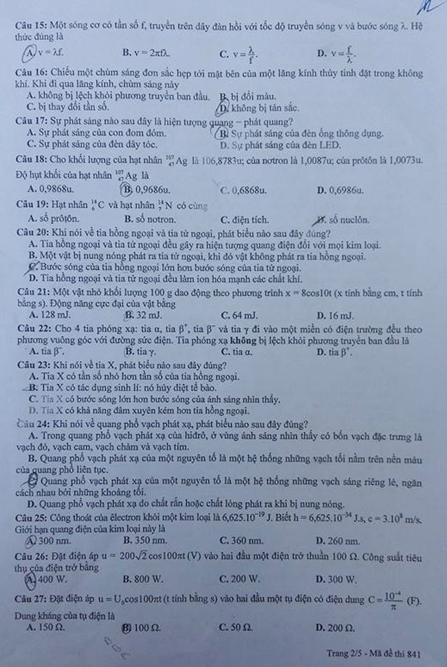Đáp án đề thi tốt nghiệp môn Lý 2015 mã đề 841
