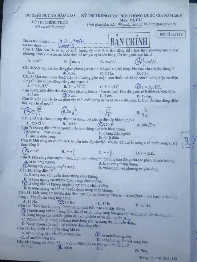 Đáp án tốt nghiệp môn Lý mã đề 138, 935, 426, 841