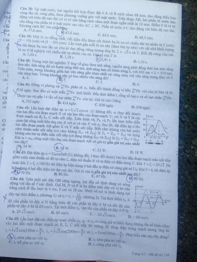 Đáp án tốt nghiệp môn Lý mã đề 138, 935, 426, 841