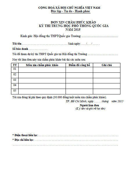 Mẫu đơn phúc khảo bài thi THPT quốc gia 2015 Mẫu đơn phúc khảo bài thi THPT quốc gia 2015