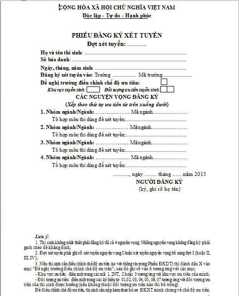 Bộ GD-ĐT công bố phiếu đăng ký xét tuyển ĐH, CĐ