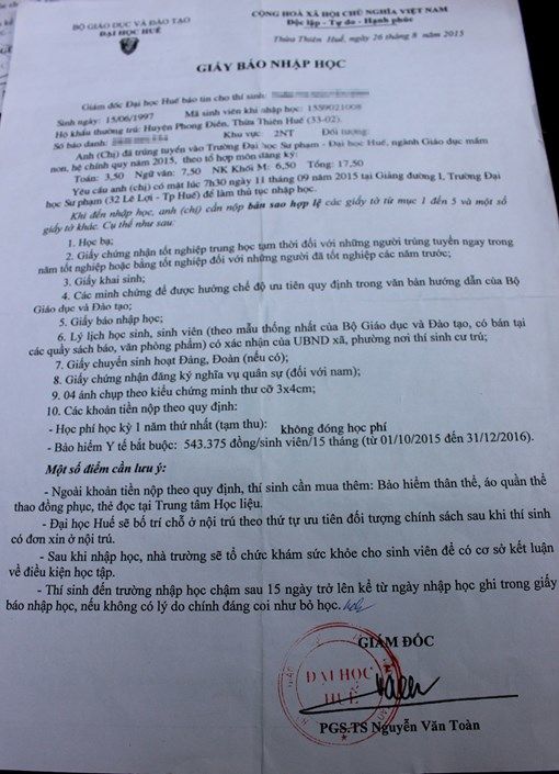 TS có giấy báo nhập học của ĐH Huế nhưng bị thông báo rớt khi làm thủ tục nhập học