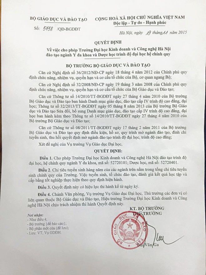 ĐH Kinh doanh và Công nghệ Hà Nội được đào tạo ngành Y đa khoa, Dược học