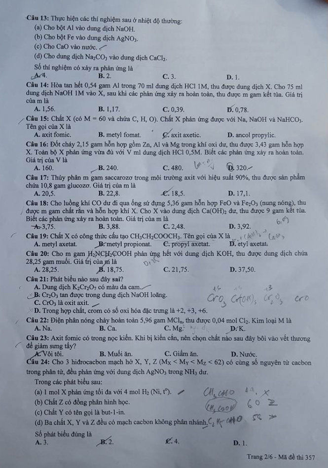 Đề thi môn Hóa tốt nghiệp THPT quốc gia 2016 (mã 357)