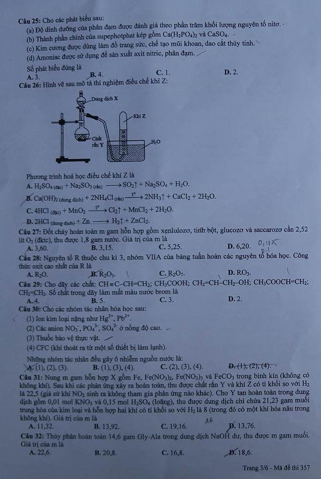 Đề thi môn Hóa tốt nghiệp THPT quốc gia 2016 (mã 357)