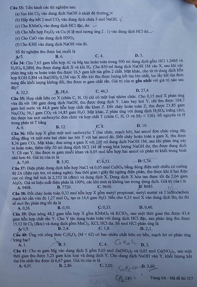 Đề thi môn Hóa tốt nghiệp THPT quốc gia 2016 (mã 357)